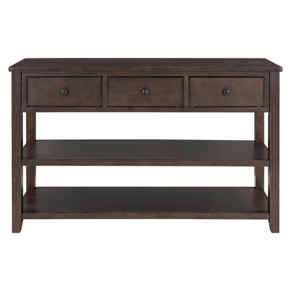 URTR 50 in.Espresso Rectangle Wood Long Console Table with Drawers and 2-Tier Shelves, 3 Drawers Sofa Table