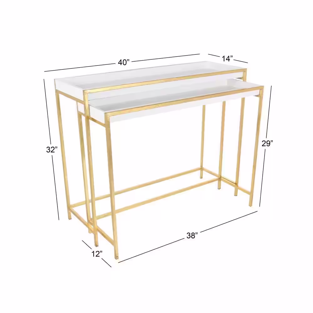 Litton Lane 40 in. White Extra Large Rectangle Wood Nesting Geometric Console Table with Gold Metal Legs (2- Pieces)