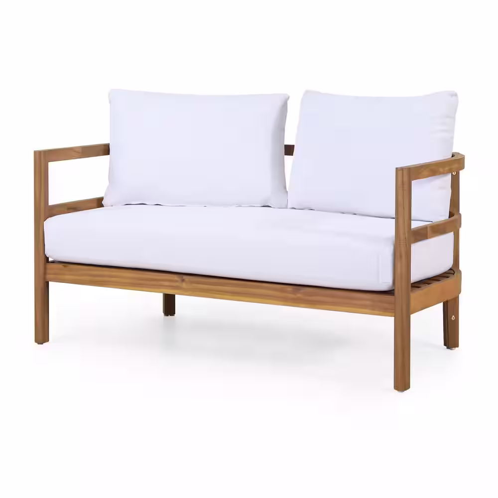 Noble House Varva Teak Brown 2-Piece Wood Patio Conversation Set with White Cushions