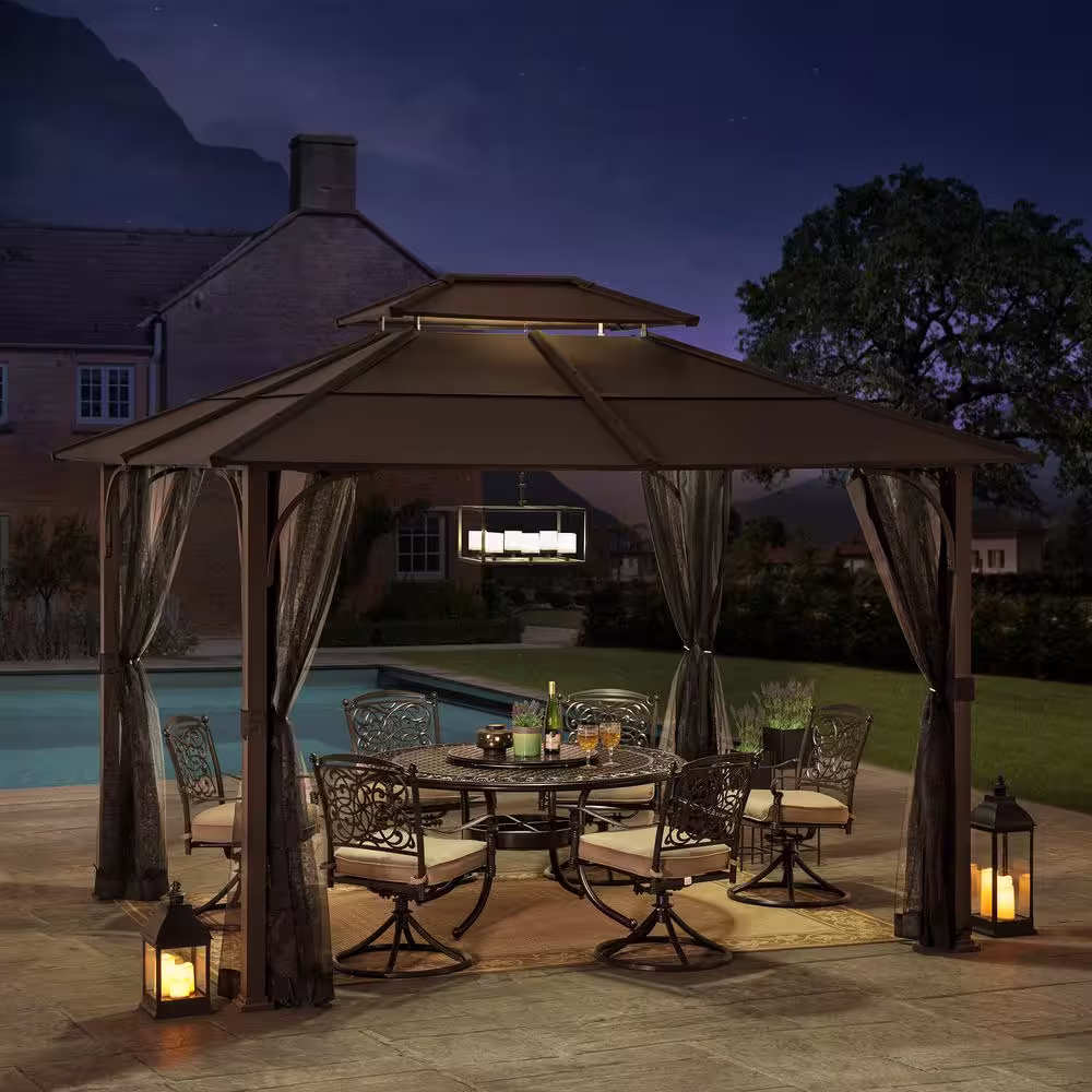 Sunjoy Atasha 10 ft. x 12 ft. Brown Steel Gazebo with 2-Tier Hip Roof Hardtop with Mosquito Netting