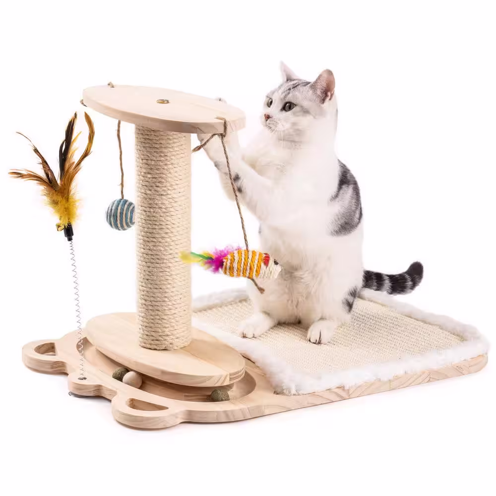 Tatayosi 1-Layer Turntable Cat Ball Toy with Feather Stick, 5 Interactive Balls and Cat Scratching Post with Mat