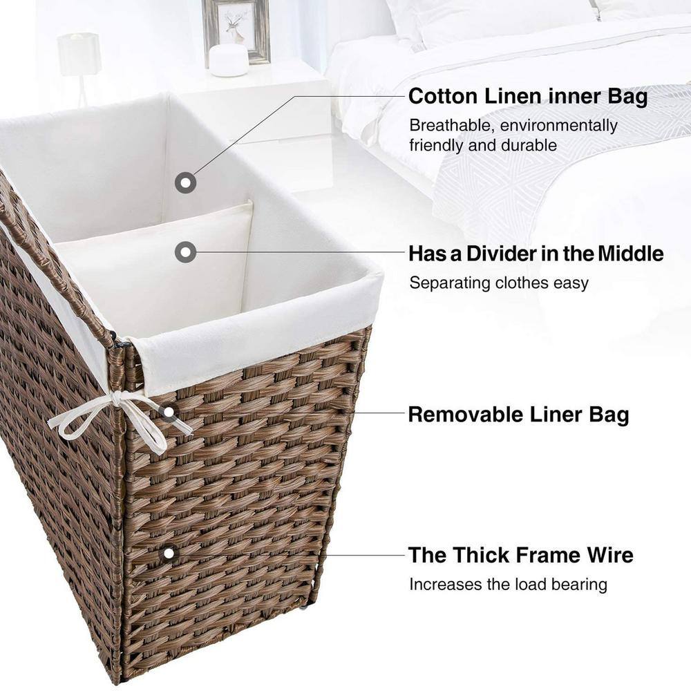 None 110L Rattan Laundry Basket Hamper with 2 Removable Liner Bags Brown