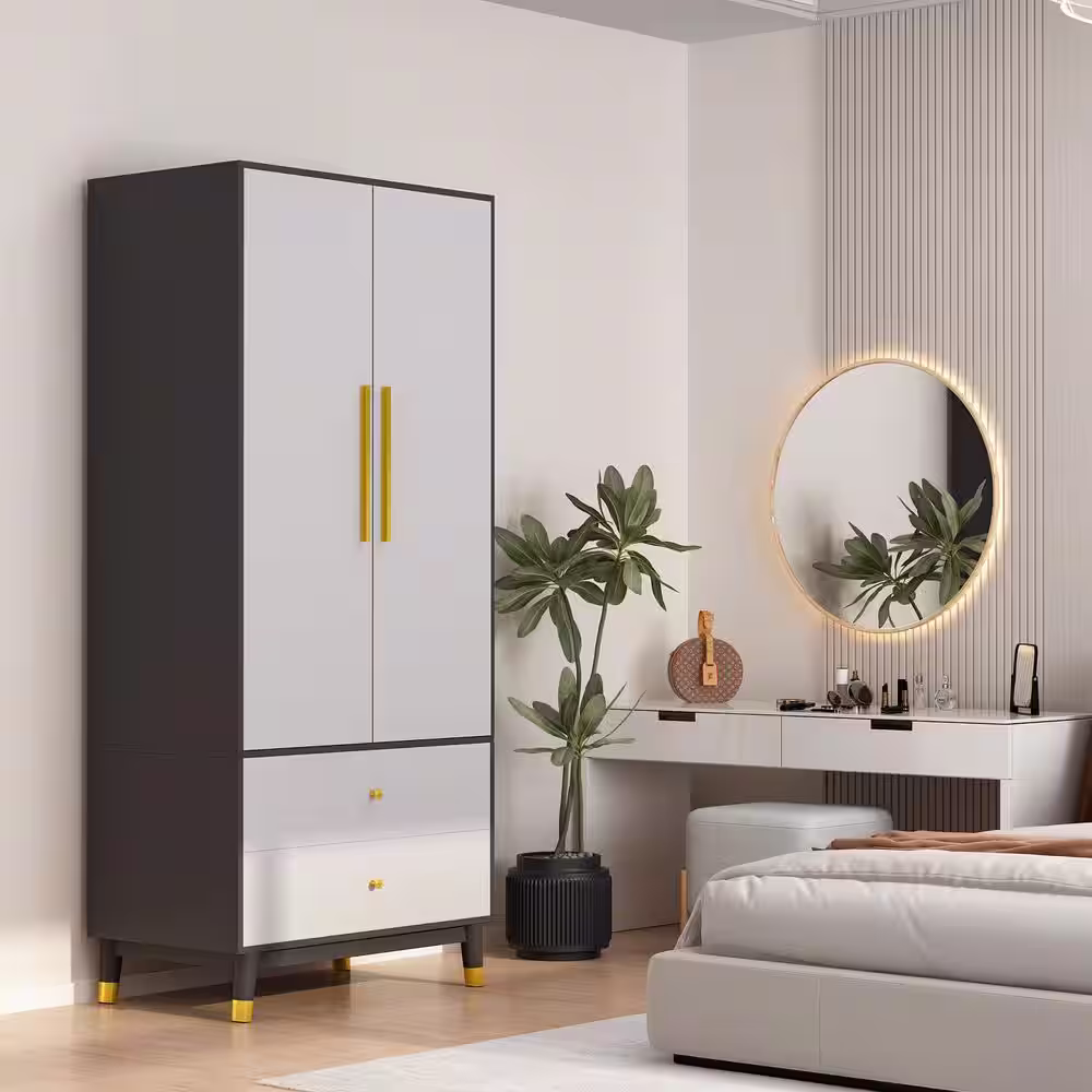 None Gray Armoire with 2-Drawers, Hanging Rod and Gold Metal Handles 70.9 in. H x 19.1 in. W x 31.5 in. D