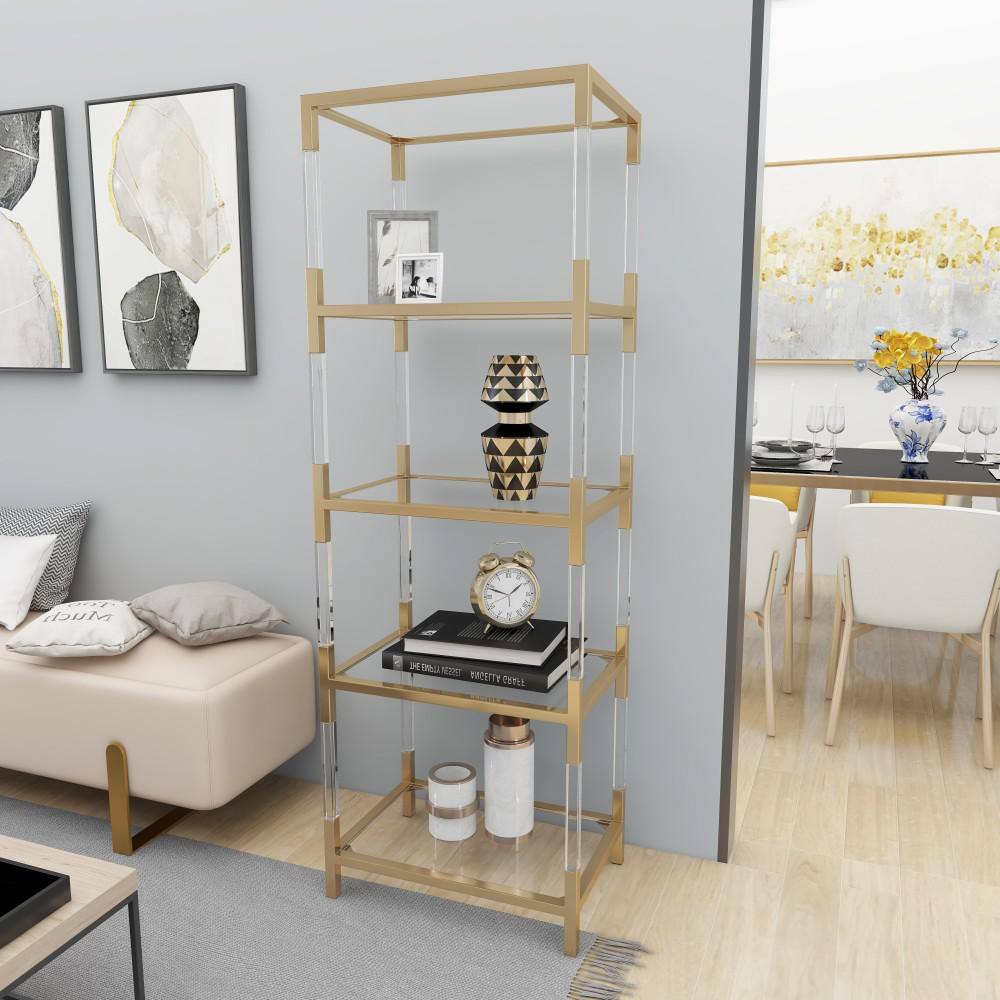 Litton Lane 5 Shelves Acrylic Stationary Gold Shelving Unit with Clear Glass Top and Acrylic Legs