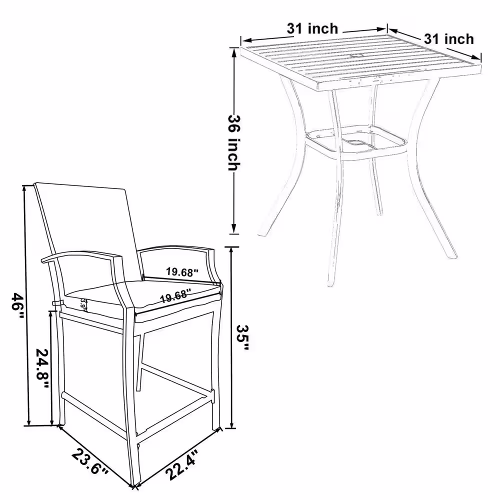 None Black 5-Piece Metal Square Outdoor Bistro Patio Bar Set with Slat Bar Table and Rattan Bistro Chairs with Beige Cushion