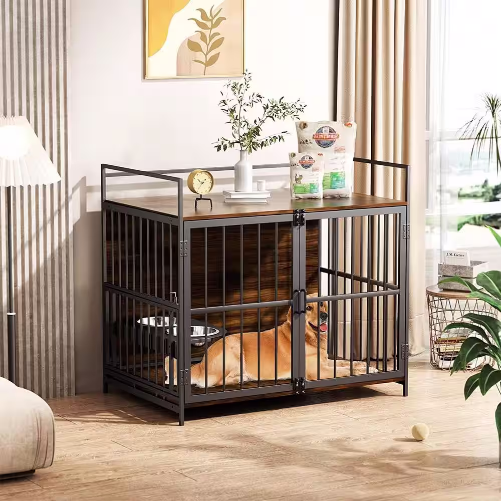 HOMLUX 41 in. L x 24 in. W x 36 in. H Furniture Style Dog Crate w/360-Degree Swivel & Height Adjustable Eating Rack and Dog Pad