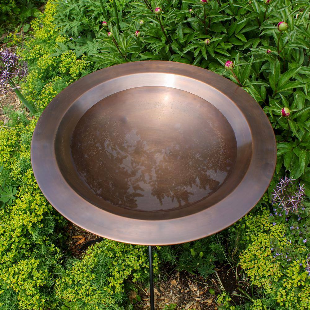 ACHLA DESIGNS 24 in. Dia Round Antique Finished Brass Classic Copper Birdbath with Black Wrought Iron Folding Ring Stand