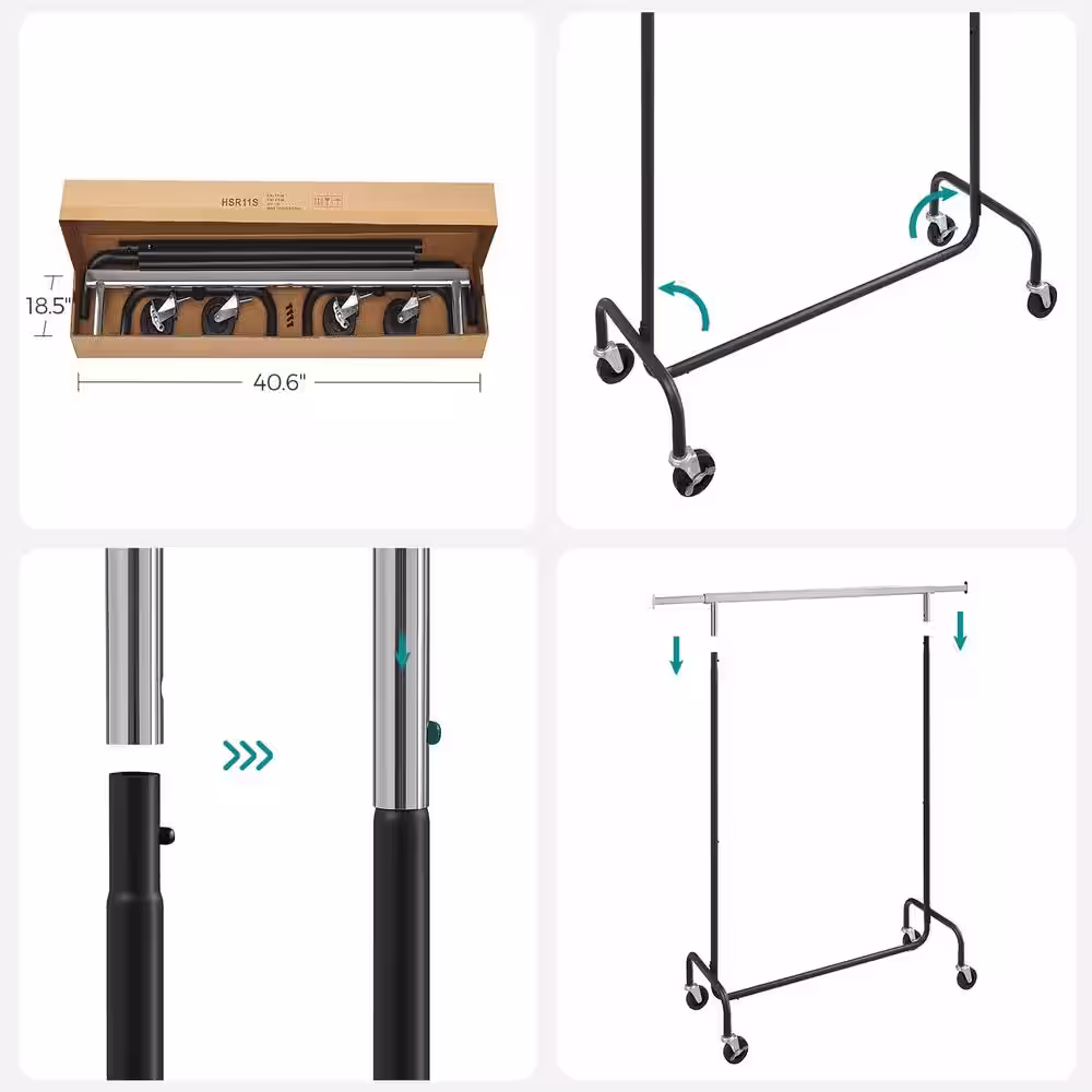 None Black Steel Extendable Garment Clothes Rack with Wheels 43 in. W x 63 in. H