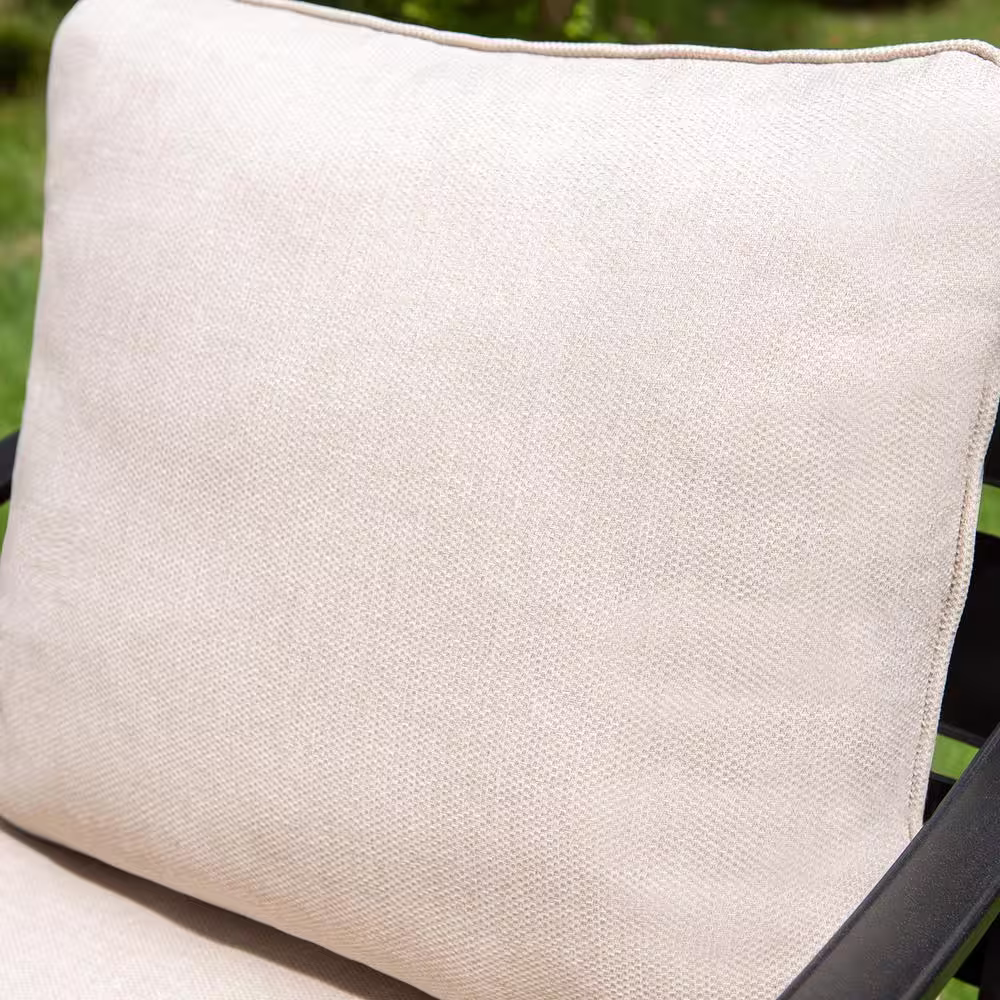 None Black 5-Piece Metal Slatted 7-Seat Outdoor Patio Conversation Set with Beige Cushions, 2 Swivel Chairs and 2 Ottomans