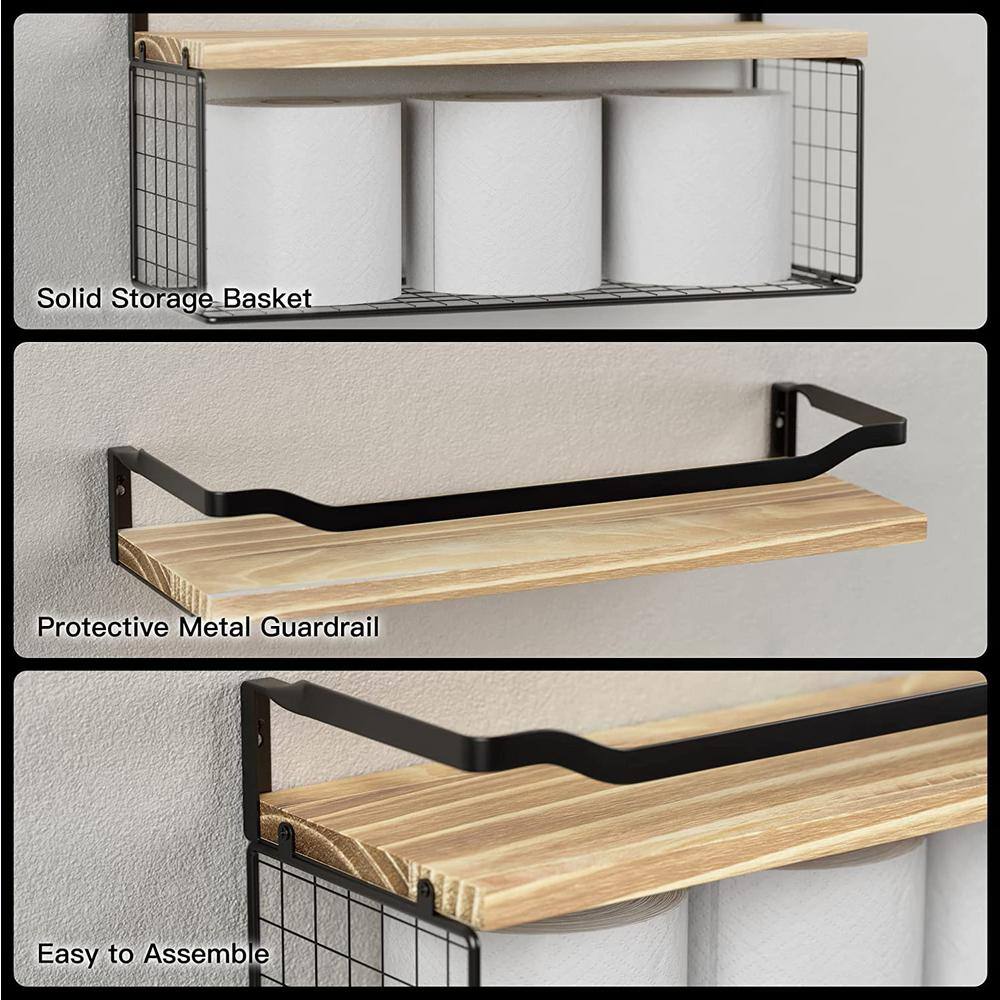 None 15.7 in. W x 6 in. D Light Brown Wood Decorative Wall Shelf, Floating Shelves with Wire Storage Basket