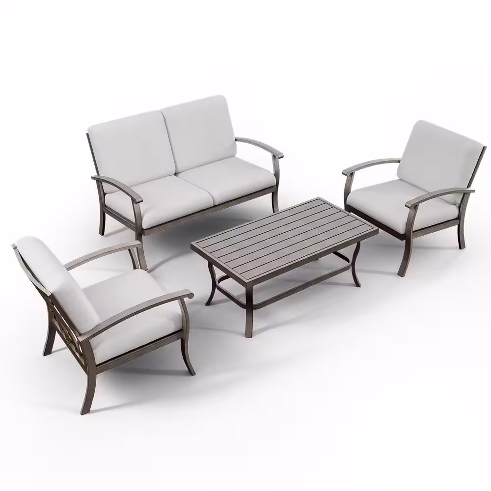 None 4-Person Aluminum Patio Conversation Set with Coffee Table and Light Gray Cushions
