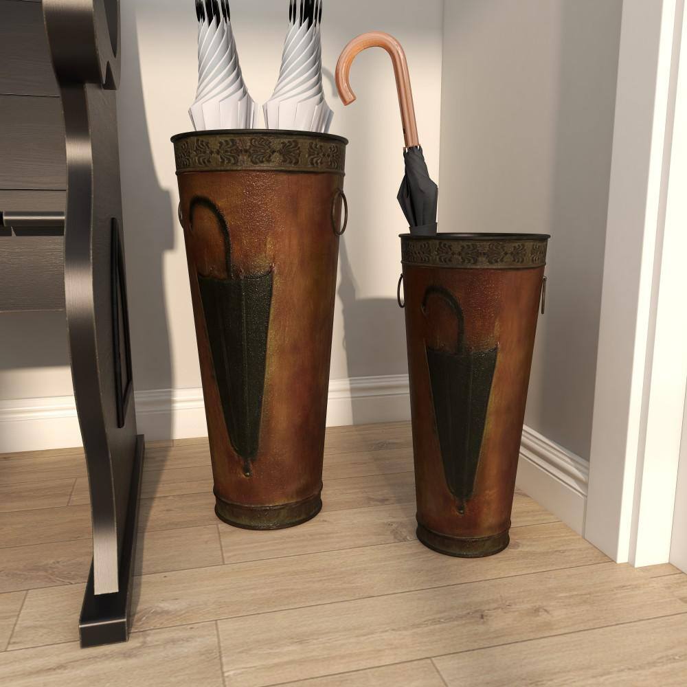 Litton Lane Brown Metal Umbrella Stand with Umbrella Image and Handles (Set of 2)
