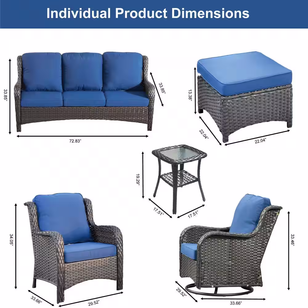 XIZZI Erie Lake Brown 8-Piece Wicker Patio Conversation Seating Sofa Set with Navy Blue Cushions and Swivel Rocking Chairs