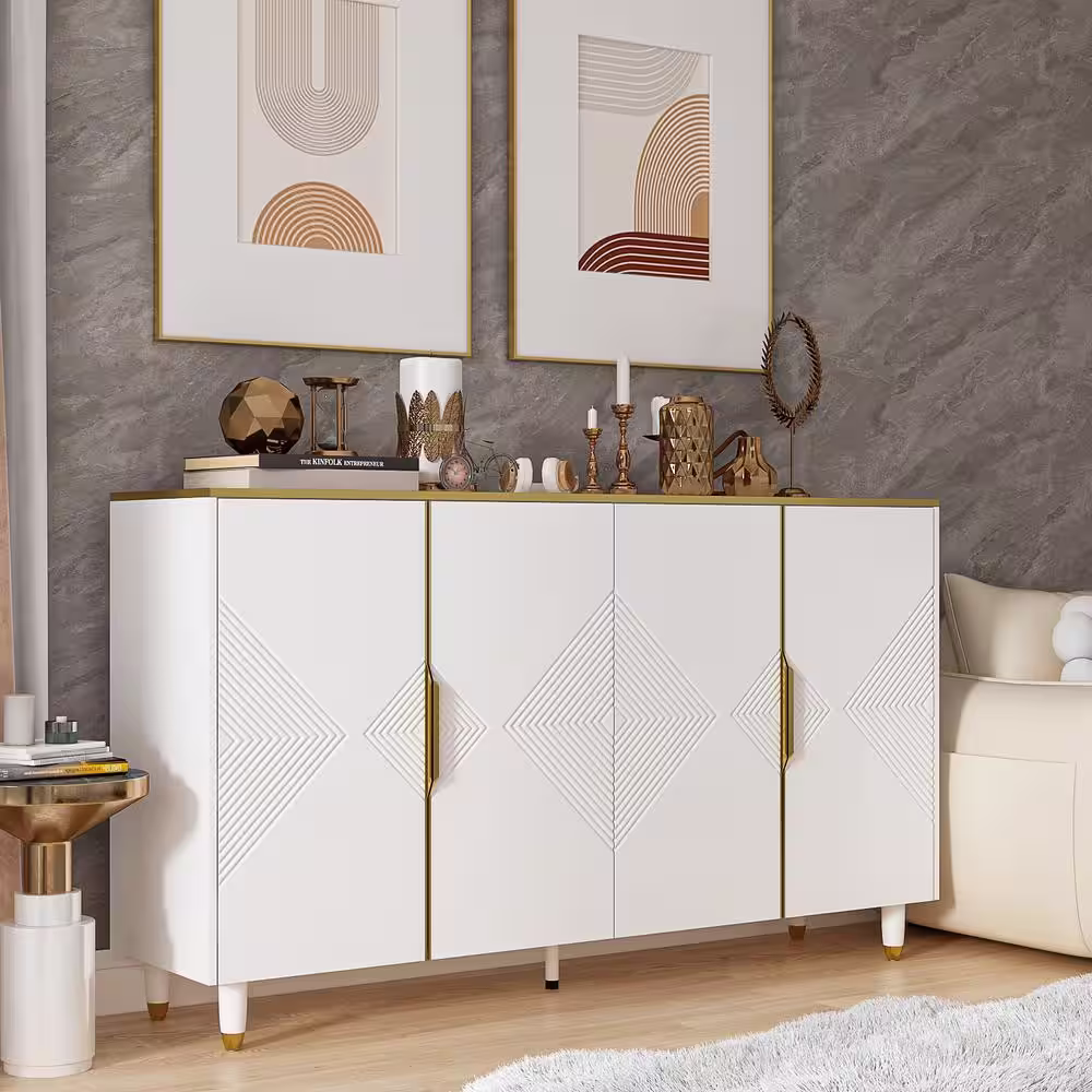 None 63 in. W White Rectangle Wood Diamond Texture Console Table Entryway Table Hallway Living Room with Adjustable Shelves