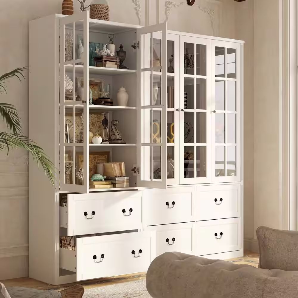 FUFU&GAGA White Wood Combination Cabinet Freestanding Display Cabinet With 5 Tempered Glass Doors and 6-Drawers