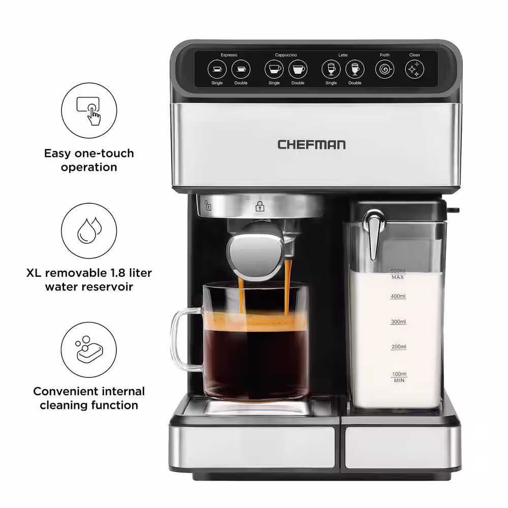 Chefman 7.6 Cup Brew Single and Double Shot Stainless Steel 6-in-1 Espresso Machine 15-Bar Pump Built-In Milk Froth Coffee Maker
