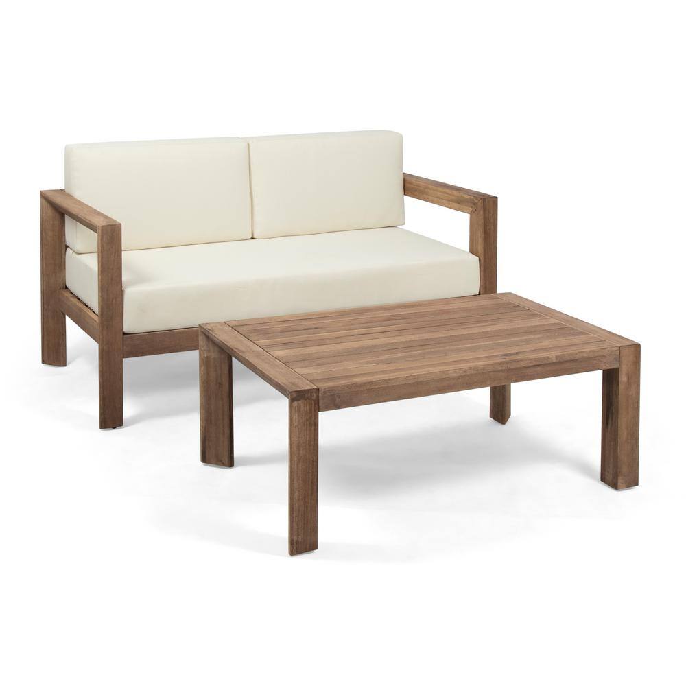 Noble House Genser Brown 2-Piece Wooden Patio Conversation Set with Beige Cushions