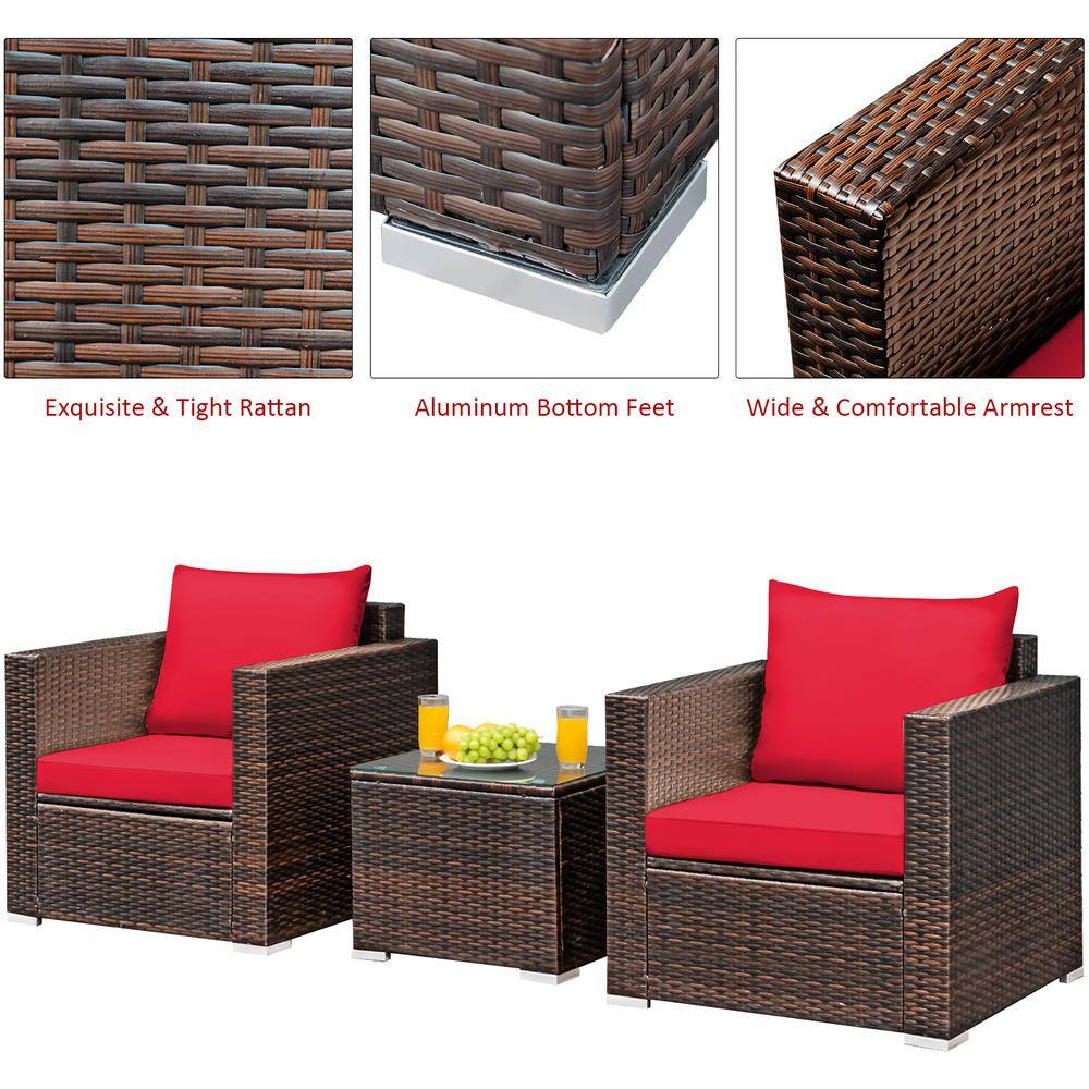 Costway Brown 3-Piece Wicker Patio Conversation Set Garden with Red Cushions