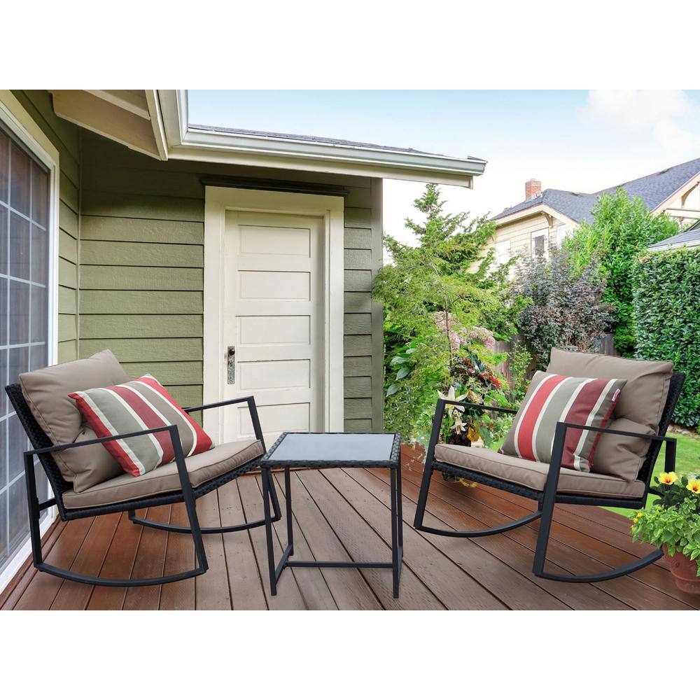 KOZYARD 3-Piece Wicker Cast Icon Frame Rectangle Glass Coffee Table Outdoor Bistro Set with Glass Red Stripe Taupe Cushion