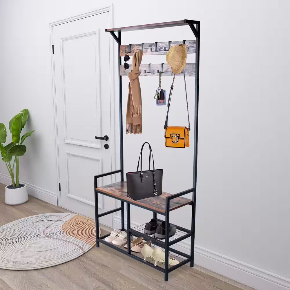 None Brown and Black Metal with Wooden Bench 2-Wire Meshed Shelved Coat Rack