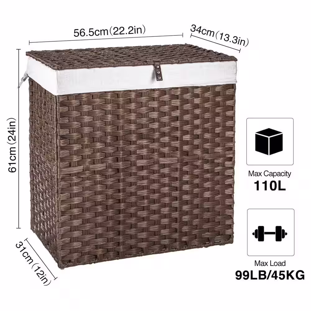 None 110L Rattan Laundry Basket Hamper with 2 Removable Liner Bags Brown