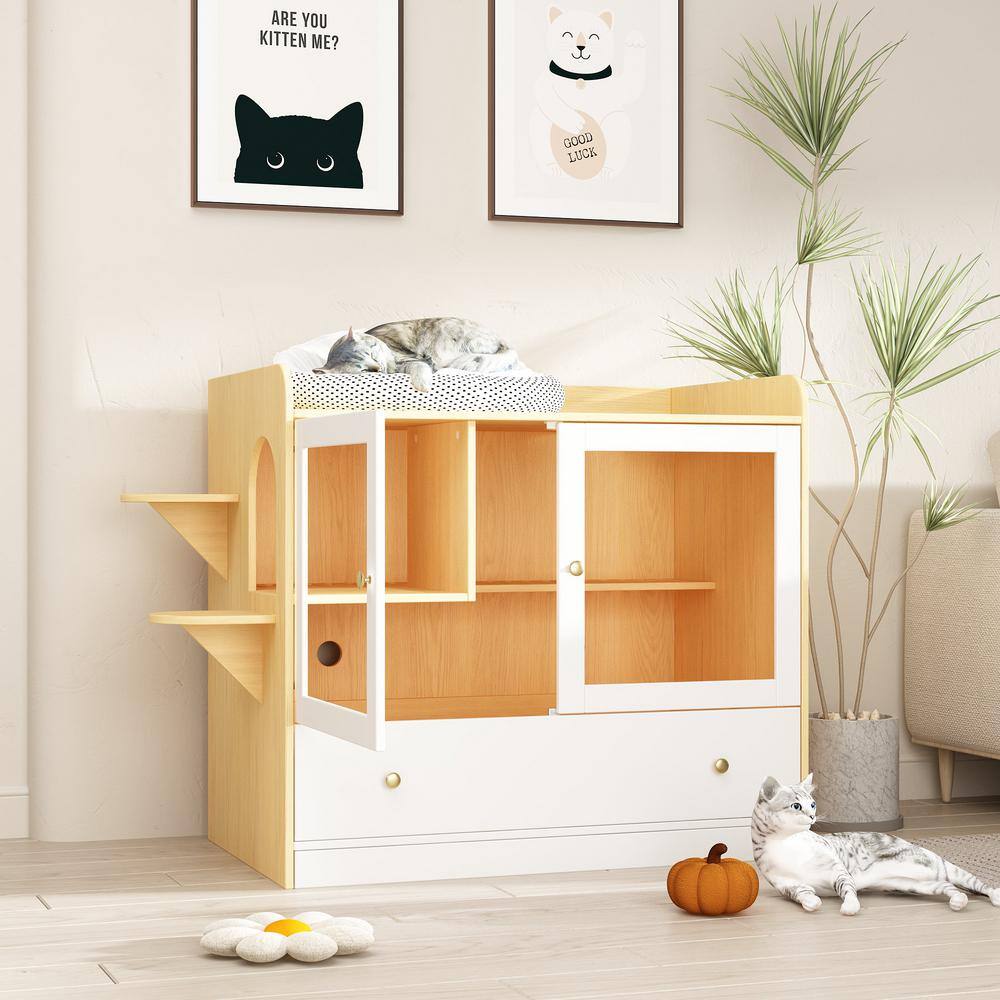 None XL Large Cat Litter Box Furniture Hidden, Cat Cabinet Nightstand Side Table with Large Drawer and Stairs, White with Log