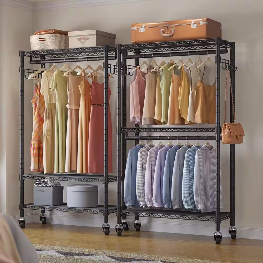 None Black Metal Garment Clothes Rack with Wheels 29.5 in. W x 76.8 in. H