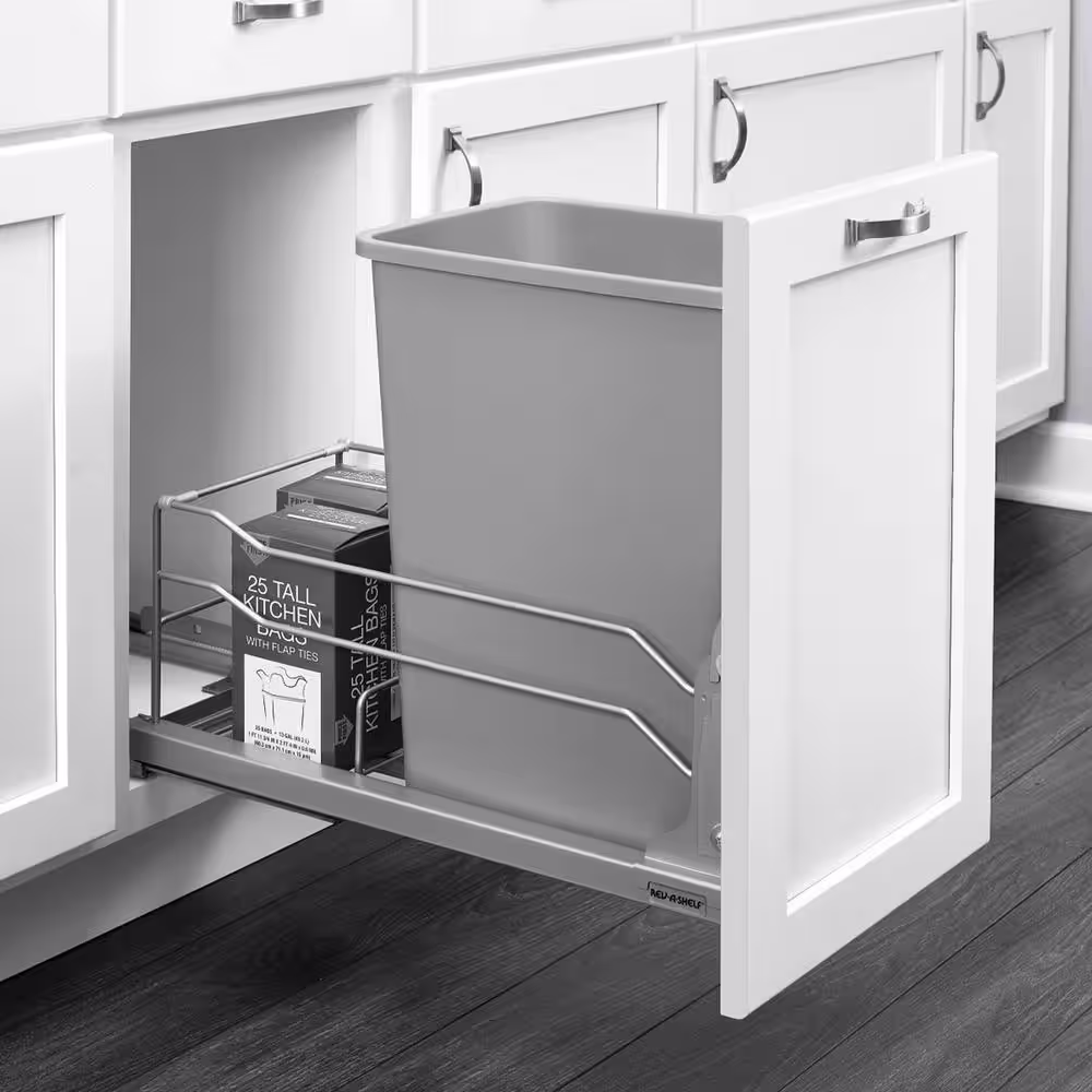 Rev-A-Shelf 18.9375 in. H x 10.875 in. W x 22.25 in. D Single 35 Qt. Pull-Out Silver Waste Container with Soft-Close Slides