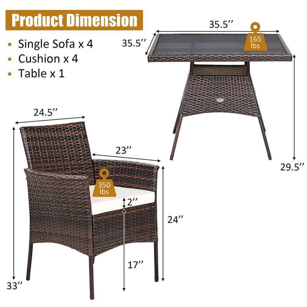 Costway 5-Piece Wicker Patio Rattan Dining Furniture Set Armrest Sofa Chair Glass Table