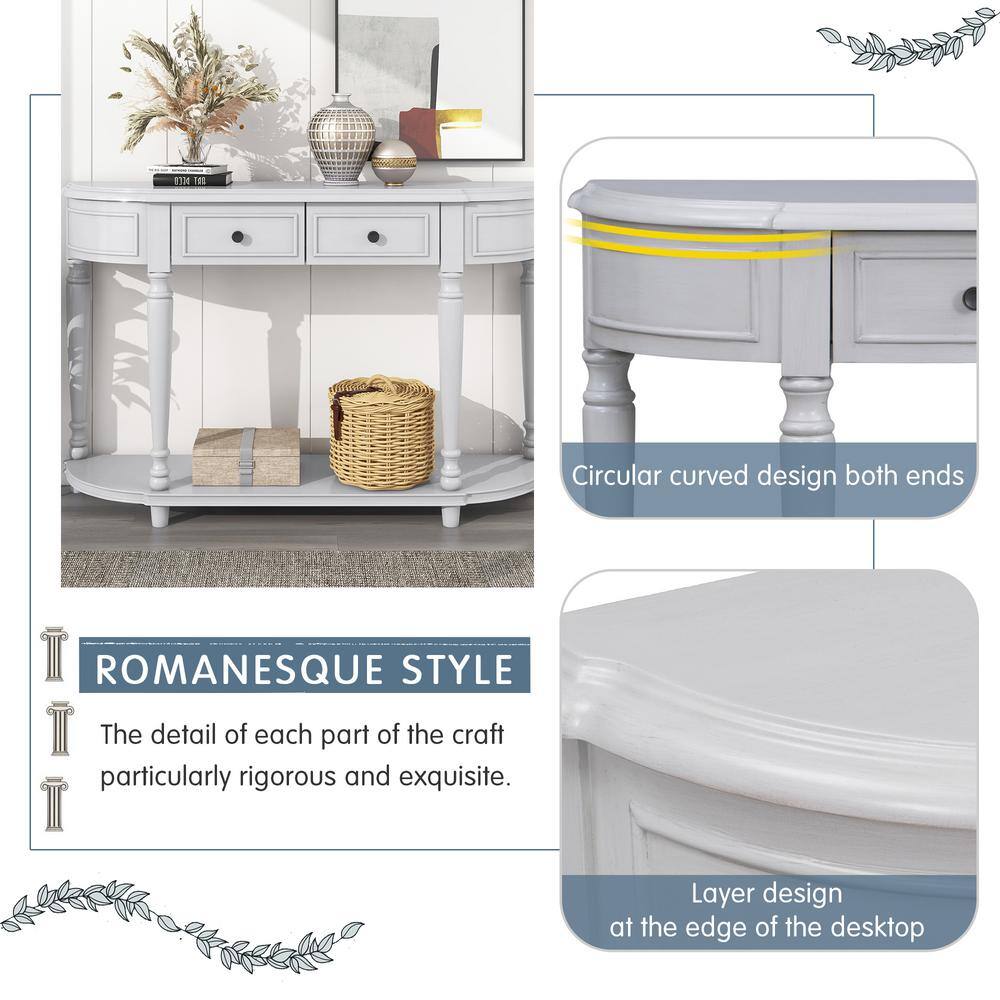 Harper & Bright Designs Retro 52 in. Gray Curved Wood Console Table with Open Style Shelf and 2-Top Drawers