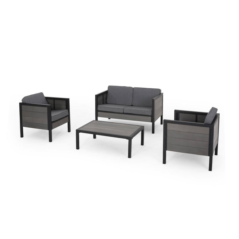 Noble House Jax Black 4-Piece Faux Wood Patio Conversation Seating Set with Grey Cushions