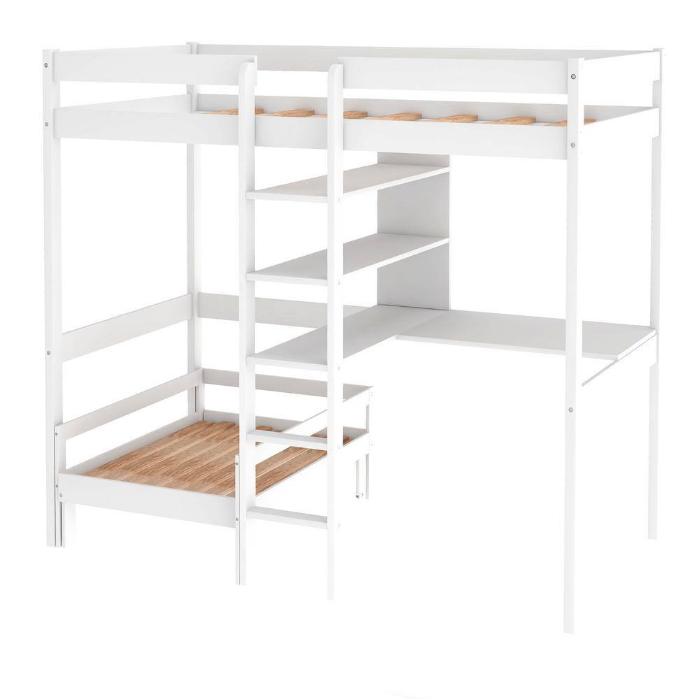 wetiny White Convertible Loft Bed with L-Shape Desk Twin Bunk Bed with Shelves and Ladder