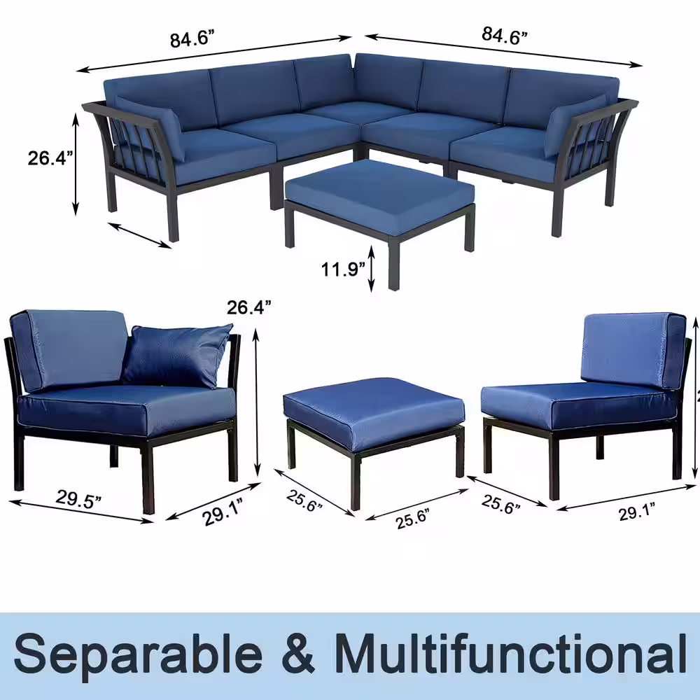 TOP HOME SPACE 6-Piece Metal Patio Conversation Set with Blue Cushions