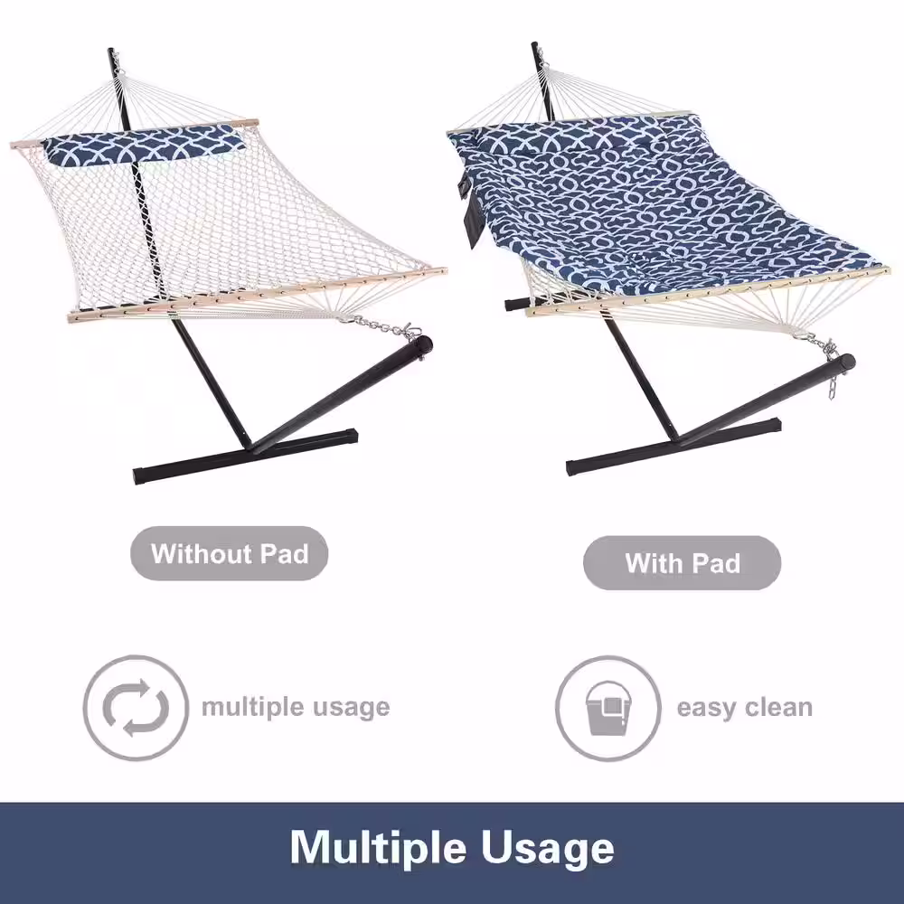 None 10 ft. x 12 ft. Quilted Rope Hammock and 12 ft. Steel Hammock Stand with Detachable Pillow, Blue Pattern