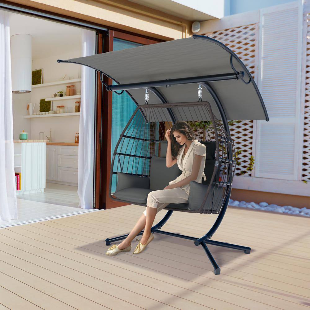 VEIKOUS 5.7 ft. X 3.7 ft. Base Free Standing 2-Person Hammock Chair Hanging Egg Chair with Stand, Awning and Cushions, Gray