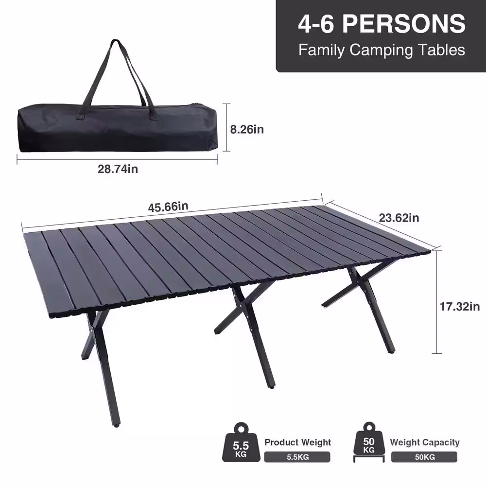 Sudzendf 45.66 in. Black Rectangle Steel Picnic Table Seats 4-6 People with Carry Bag