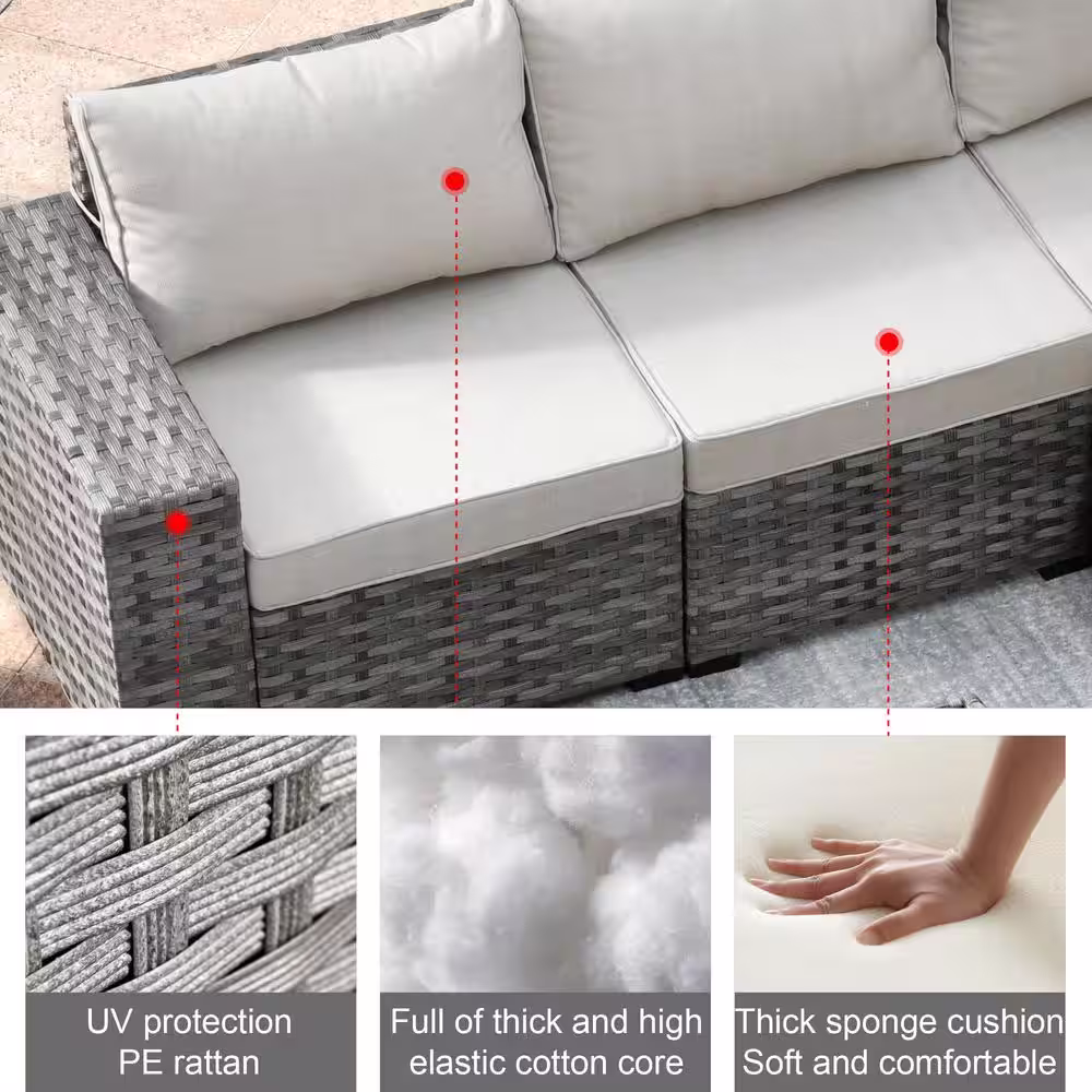 HOOOWOOO Crater Grey 9-Piece Wicker Wide-Plus Arm Patio Conversation Sofa Set with Swivel Rocking Chairs and Beige Cushions