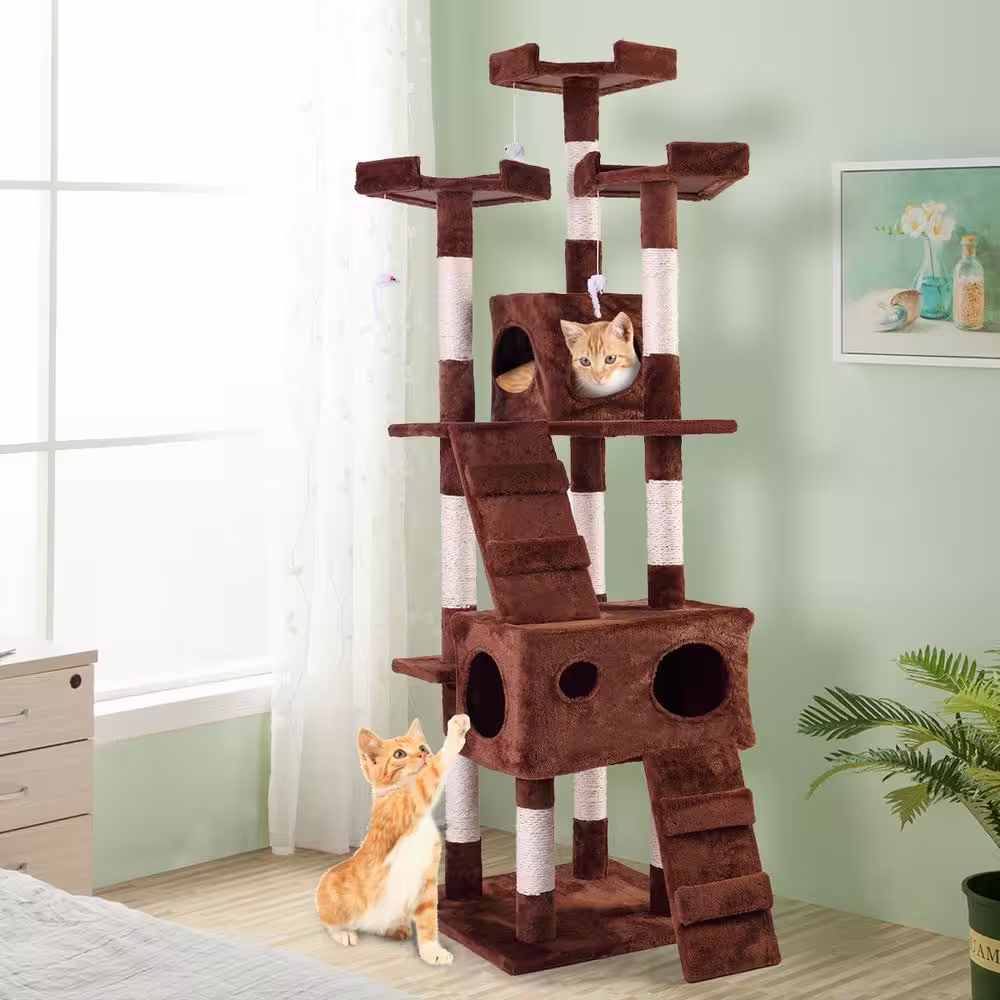 COZIWOW 67 in. Cat Tree Brown Tower Condo Soft Flannel Covered