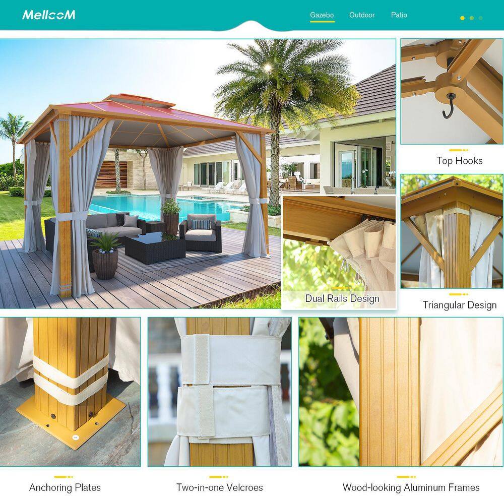 None 10 ft. x 12 ft. Metal Hardtop Gazebo, Wooden Finish Coated Aluminum Frame Double Roof Gazebo, Claret