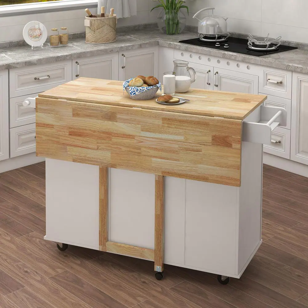 Tileon White Kitchen Island with Extensible Solid Wood Folding Table Top and Towel Rack