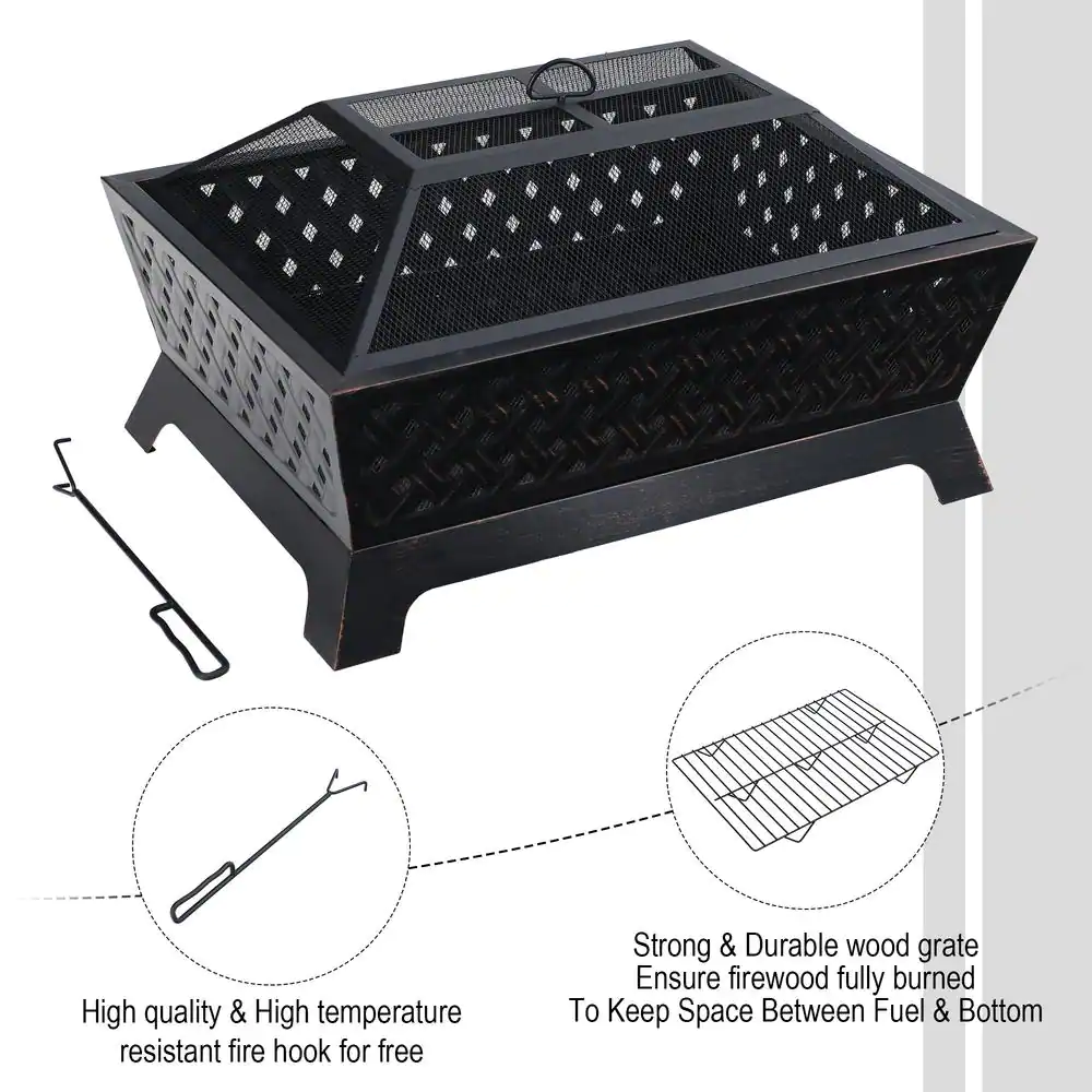 None 33.9 in. L x 24 in. W x 12.7 in. H Antiqued Knit Pattern Rectangle Metal Wood Fire Pit