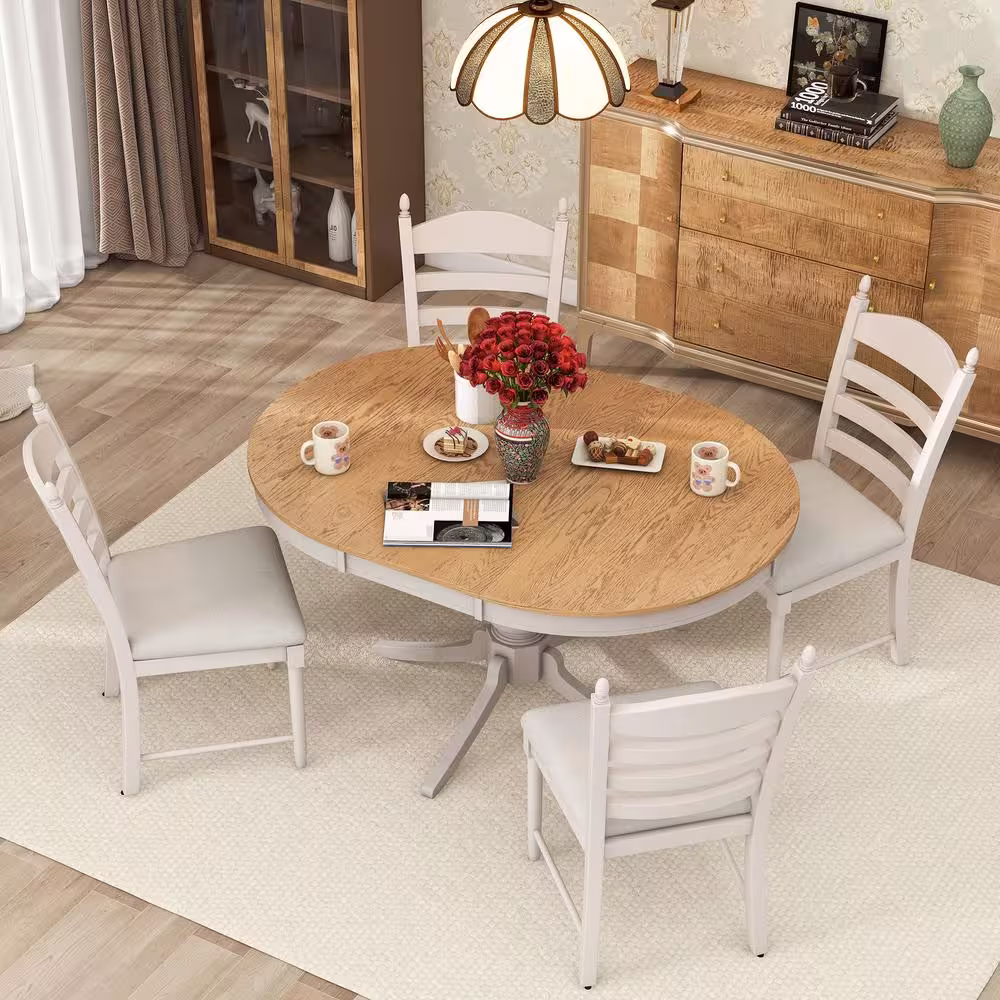 Harper & Bright Designs Retro 5-Piece Off White Wood Top Extendable Round Dining Table Set with 4-Upholstered Chairs