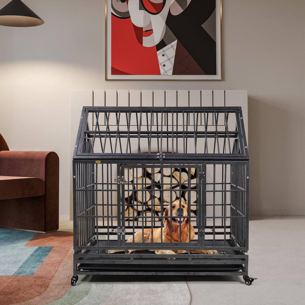 None Heavy-Duty Metal Dog Kennel with 4 Wheels