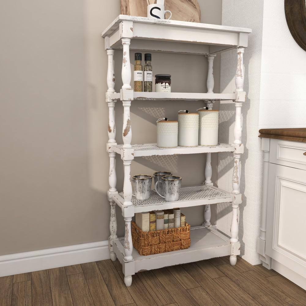 Litton Lane 5 Shelf Wood Stationary White Distressed Open Shelving Unit with Spindle Sides and Mesh