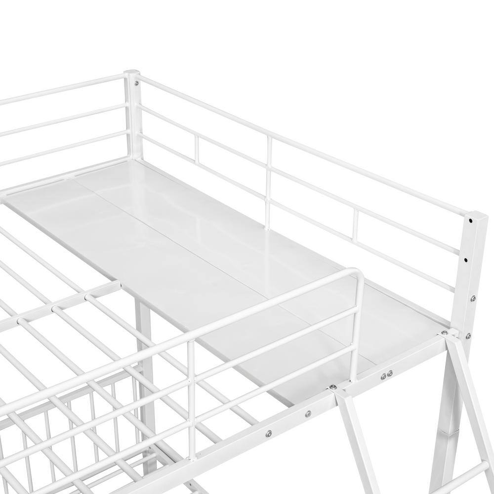 Harper & Bright Designs White Full over Twin and Twin Metal Triple Bunk Bed with 2 Built- in Shelves, 2-Drawers and Ladder