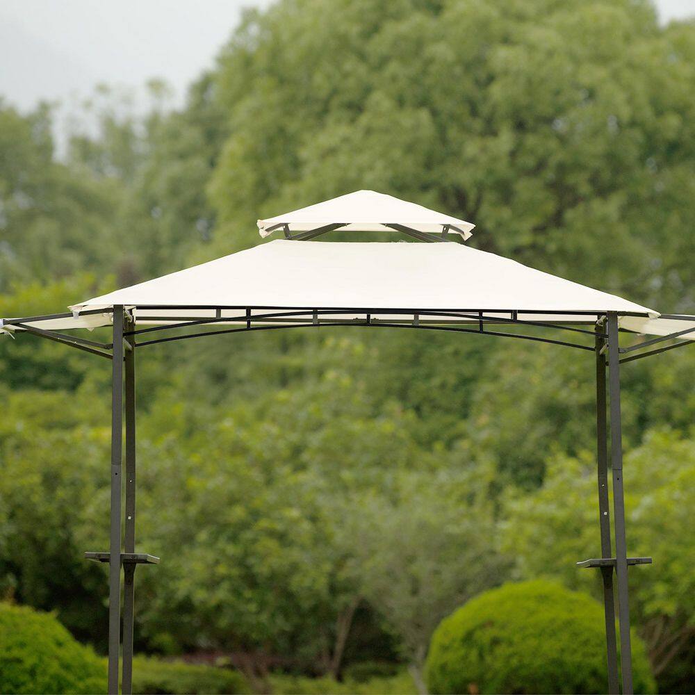 Tunearary 13 ft. x 4.5 ft. Iron Backyard BBQ Grill White Gazebo with Bar Counters Extendable Shades