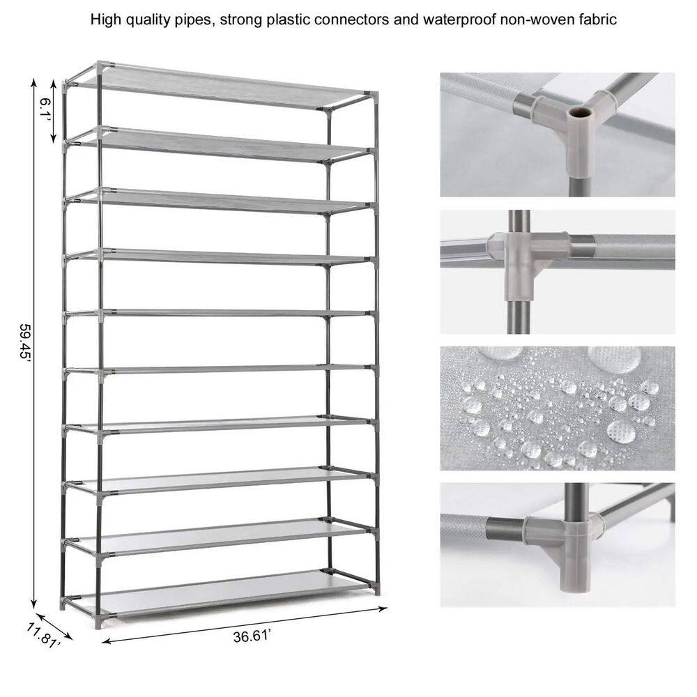 None 59.5 in. H 45-Pair 10-Tier Gray Metal Shoe Rack