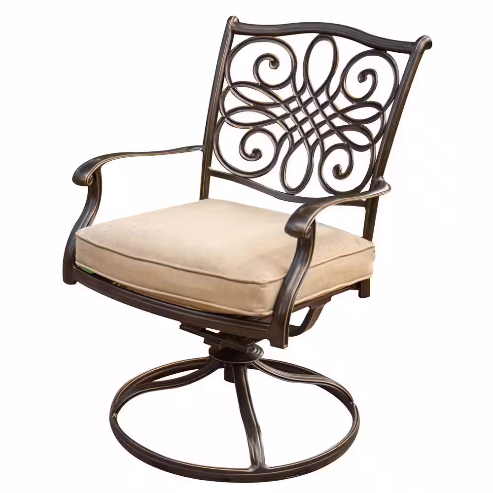 Hanover Traditions 3-Piece Patio Bistro Set with 2-Cast Aluminum Swivel Rockers with Beige Cushions and 32 in. Round Table