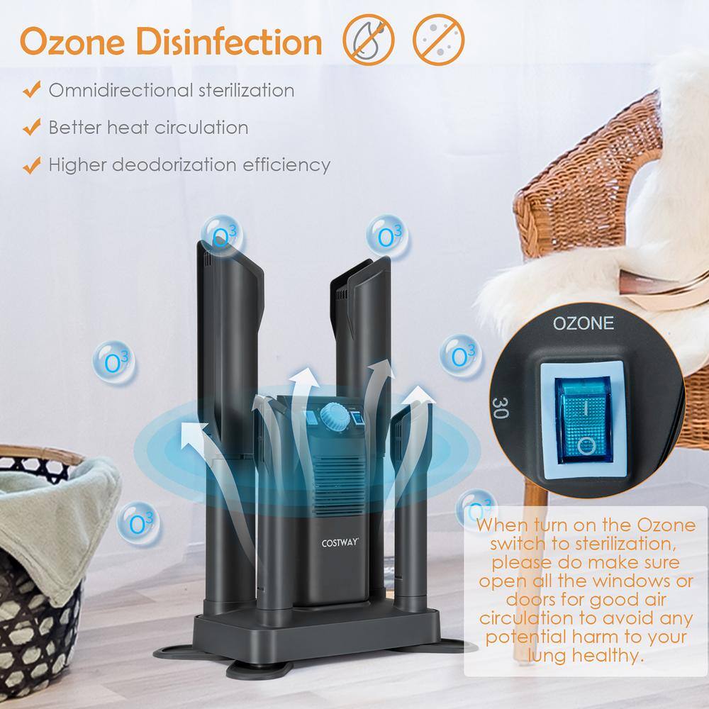 Costway 15 in. x 20.5 in. Plastic Electric Shoe Boot Dryer 4-Shoes with Ozone Disinfection 180-Minutes Timer Garment Rack Gray