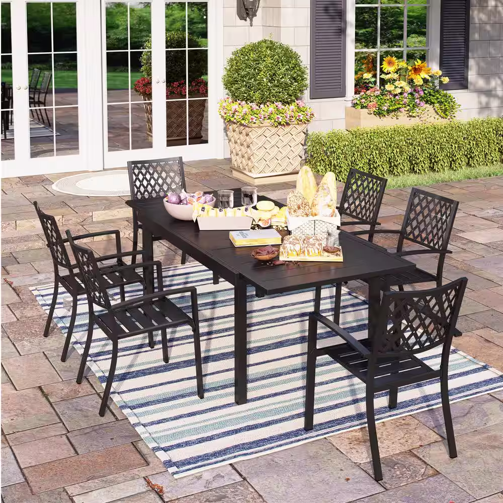 PHI VILLA Black 7-Piece Metal Outdoor Patio Dining Set with Extendable Table and Elegant Stackable Chairs